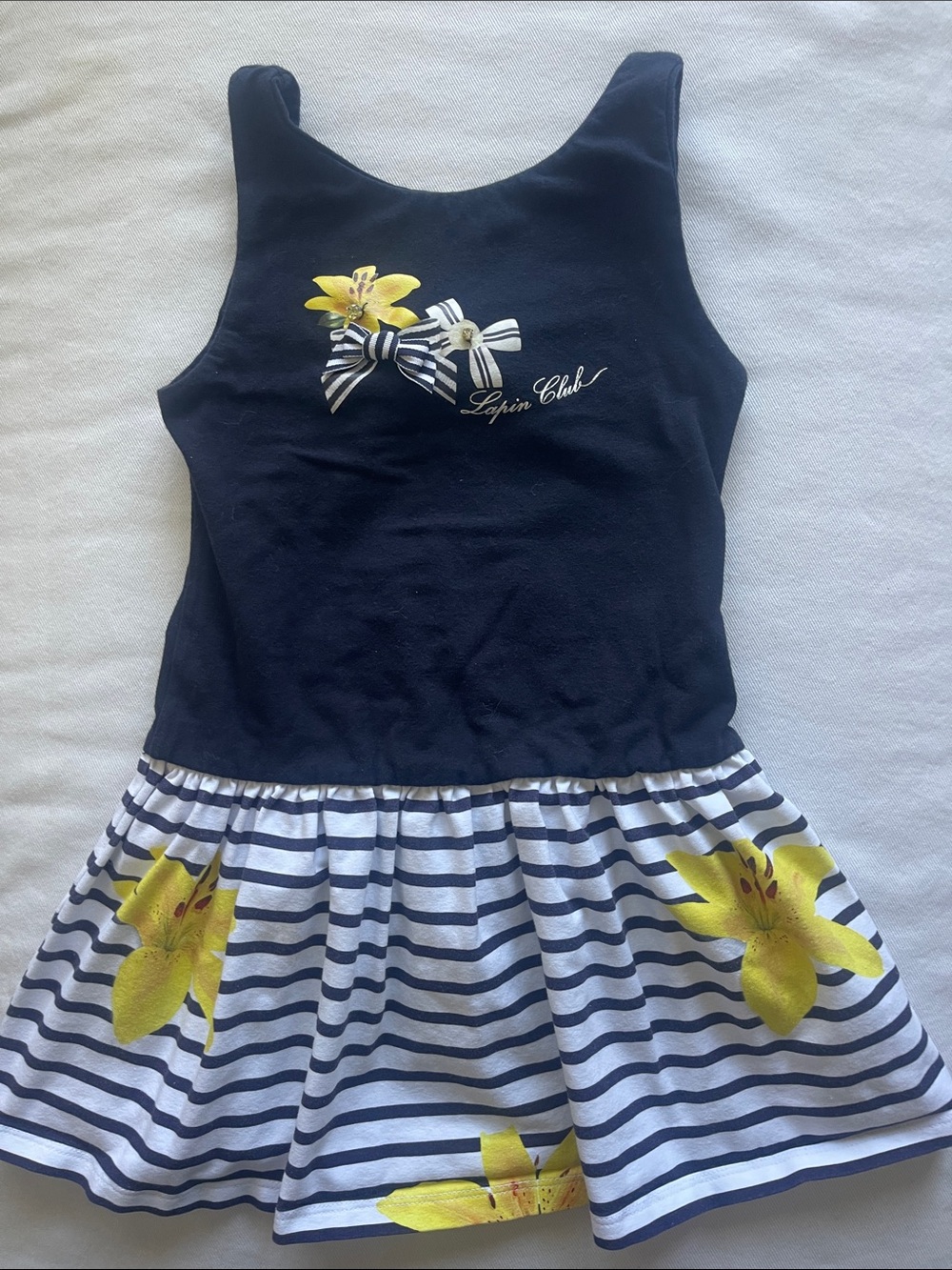 LAPIN CLUB -LAPIN HOUSE Girls Size 6 Navy & Yellow Striped Floral Dress